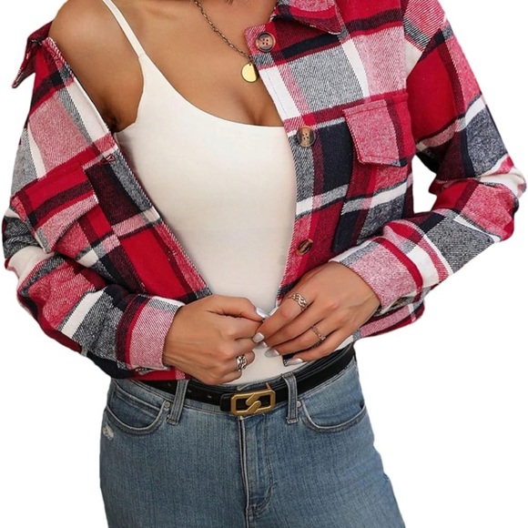 NWT - Women's Flannel Cropped Plaid Shacket Jacket - Picture 4 of 4